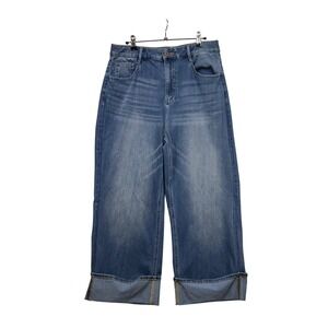 Halara Womens Large Wide Leg Cropped Jeans Medium Wash Cuffed High Rise Stretch